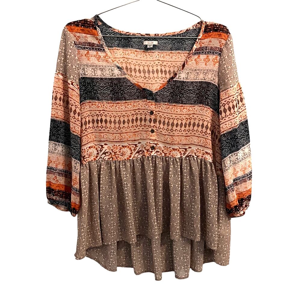 Ecote Womens Mixed Print Babydoll Peasant Top Blouse S